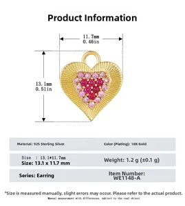 Technical view of 925 sterling silver heart earrings with dimensions and pink stones