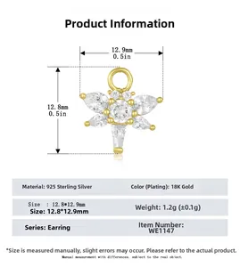 Detail showing S925 sterling silver flower earrings with 18k gold plating and zircon