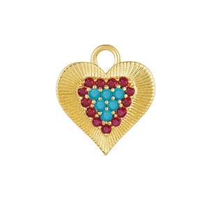 Elegant gold heart earrings with sunburst texture and micro-set colorful zircon stones