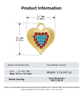 Detailed size chart of S925 sterling silver heart earrings with 18k gold plating