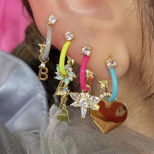 Chic S925 silver flower earrings with geometric zircon and colorful enamel charms