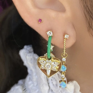 S925 silver flower earrings with green enamel heart pendant and zircon butterfly accent