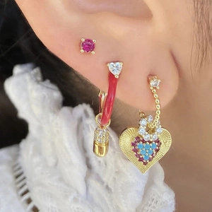 Elegant gold S925 silver heart drop earrings with colorful zircon and red capsule stud set