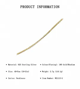 Détails du collier en argent 925 avec finition or 18 carats et rhodium et mesures