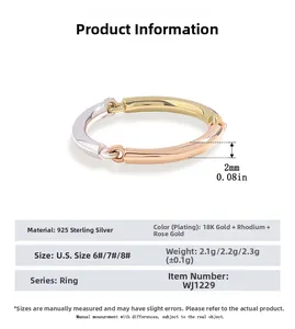 Detailed size chart of a 925 sterling silver tricolor ring with width and weight specs