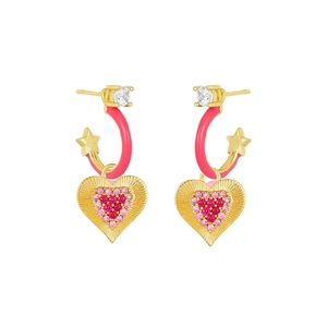 Detailed view of S925 silver heart drop earrings with pink enamel and sparkling zircon stars