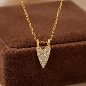 Élégant Collier Pendentif Cœur en Argent Sterling 925 Pavé de Strass Chaîne Plaquée Or 18K Pour Femme Bijoux de Mode Cadeau