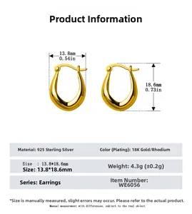 Detailed size specifications for minimalist 925 sterling silver U-shaped hoop earrings