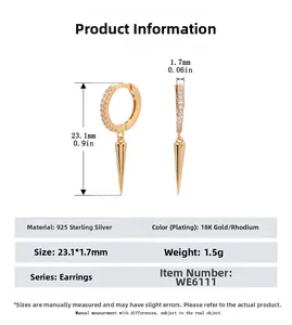 Detailed size specifications of 925 sterling silver cone drop earrings with pave stones