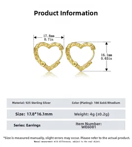 Détails des boucles d'oreilles cœur en argent 925 avec texture lave et spécifications de taille