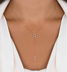 Detailed view of S925 silver Y-shaped tassel necklace with pavé diamond slider and bar