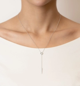 Detail of S925 silver Y-shaped necklace with micro-pave diamonds on model