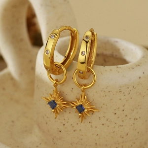 Orecchini a Cerchio in Argento Sterling 925 Placcato Oro Vintage Con Pendente a Stella in Strass Blu Gioielli Donna