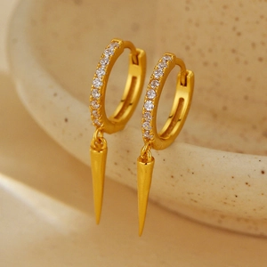 925 Sterling Silver Triangle Cone Dangle Hoop Earrings Rhinestone Pave Punk Spike Drop Earrings For Women Fashion Jewelry