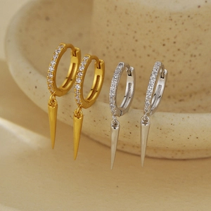 S925 sterling silver hoop earrings with pave diamonds and polished cone pendants