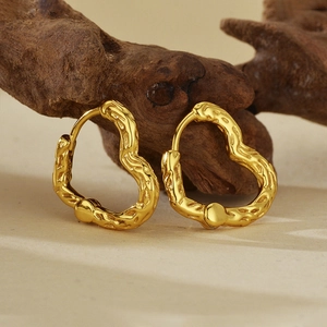 Boucles d'Oreilles Créoles Cœur en Argent Sterling 925 pour Femmes Texture de Lave Irrégulière Minimaliste Or Argent Bijoux