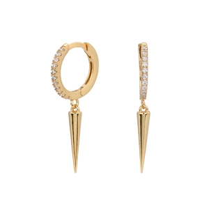 S925 sterling silver gold hoop earrings with zircon pavé and long cone pendants