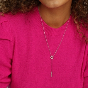 S925 sterling silver Y-shaped lariat necklace with micro-pave crystals on pink sweater