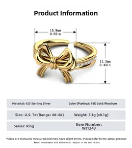 Tableau des tailles pour bague nœud en argent 925 avec détails de placage d'or