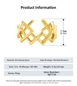 Detail view of 925 sterling silver ring with 18K gold plating and 7.6mm cross pattern