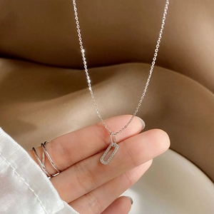 S925 sterling silver interlocking rectangle pendant necklace with micro-pave diamonds