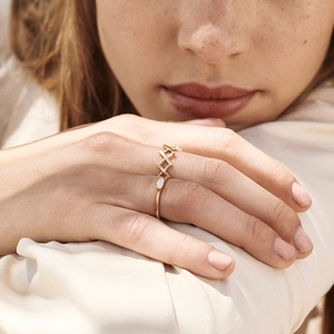 Stackable S925 sterling silver gold rings with geometric lattice and marquise cut zircon