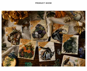 Dettaglio macro di adesivi PET vintage con fiori e natura per scrapbooking e fai-da-te