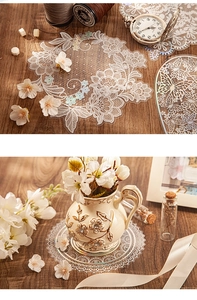 Detail of vintage Alice lace PET stickers with holographic floral and butterfly designs