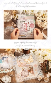 Detail of vintage PET stickers with laser-cut lace borders for DIY journaling decoration