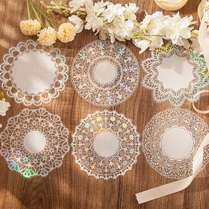 Lace PET stickers with laser holographic effect for DIY vintage scrapbook decoration