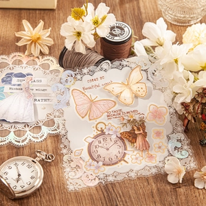 Vintage Alice PET stickers with lace borders, butterflies and floral motifs for DIY journals