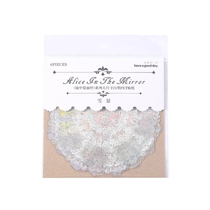 Alice Through the Looking Glass PET stickers with white ink lace patterns in packaging