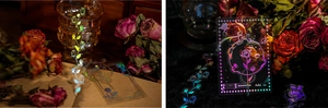 Détail macro d'autocollants PET holographiques avec motifs de roses vintage et Petit Prince
