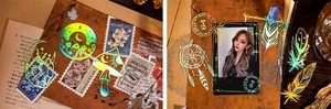 Détail d'autocollants PET holographiques laser avec motifs de champignons et plumes
