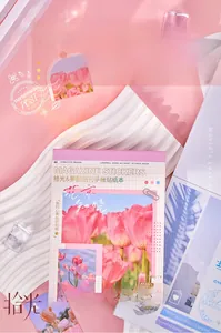 Detail of vintage flower stickers with tulip motifs and retro magazine layout design