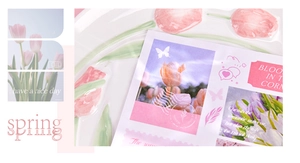 Detail of pink tulip and butterfly stickers on ceramic plate for vintage journaling
