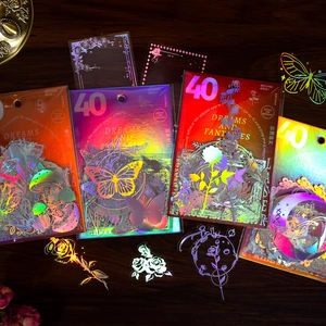 Autocollants PET Laser Holographiques Fantaisie Onirique Rose Papillon Scrapbooking DIY Décoration Florale Vintage