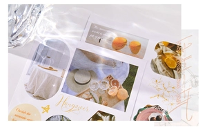 Close-up of vintage aesthetic butterfly floral stickers with golden script accents