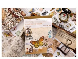 Detail of vintage junk journal stickers with butterflies and floral motifs in a set of 30