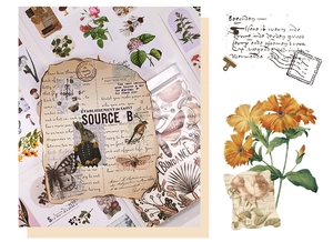 Detail of vintage butterfly and floral stickers for scrapbooking and journaling art