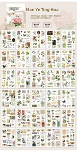 Detail view of 30 vintage botanical stickers with flowers and butterflies for journaling