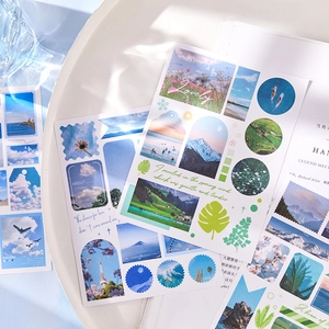 Aesthetic vintage scenery sticker book with nature floral and sky themes in various shapes