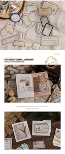 Detail of vintage scrapbook stickers with antique typography and botanical illustrations