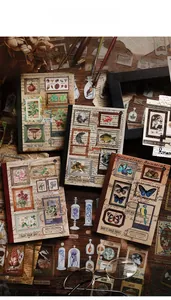 Gros plan de stickers déco vintage avec motifs naturels et cadres rétro