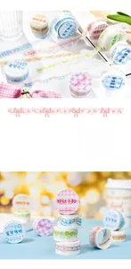 Close-up of pastel lace washi tape with floral patterns for DIY scrapbooking