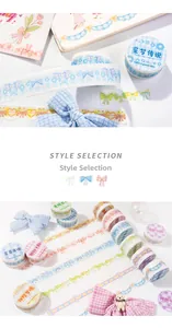 Detail showing pastel washi tape rolls with floral and bow patterns for DIY planners