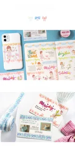 Detail view of lace style decorative washi tape on phone cases and notebooks