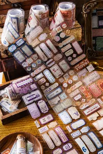 Vintage scrapbooking tape set with aesthetic labels and antique postage stamp designs