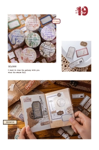Macro view of vintage label washi tape rolls and decorative journal collage stickers