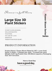Detailed view of 3D floral PET stickers with laser gold finish for DIY scrapbooking